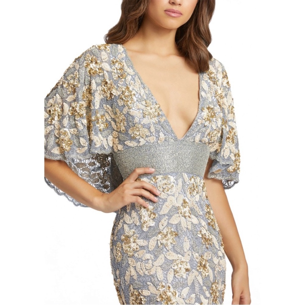 MAC DUGGAL PLATINUM GOLD FLOUNCE SLEEVE SEQUINED GOWN 20 - Picture 3 of 6